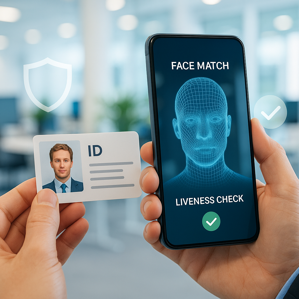 A customer holds an ID card in front of a smartphone for instant verification The phone screen shows biometric checks face match liveness detection Subtle security icons shield checkmark overlay the scene Bright professional telecombanking environmen-1