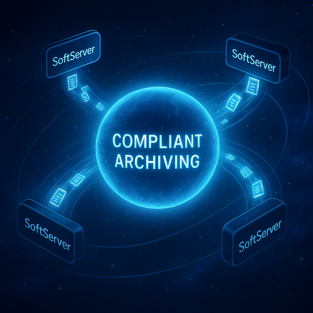 A futuristic space scene with Compliant Archiving as a glowing core planet surrounded by orbiting SoftServer modules transmitting digital documents as light streams into the archive Size 860491 pixels-1