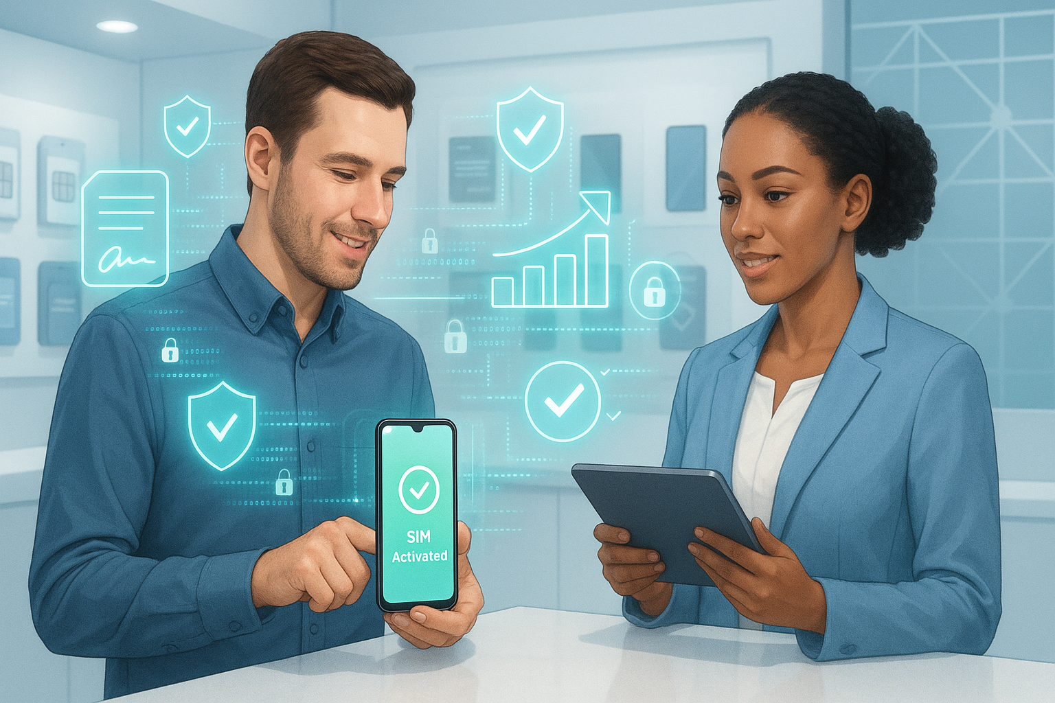 A sleek modern telecom retail environment A customer instantly activates a SIM card on a smartphone while a store agent assists using a tablet Around them glowing digital flows illustrate contracts being signed plans upgraded and services activated i