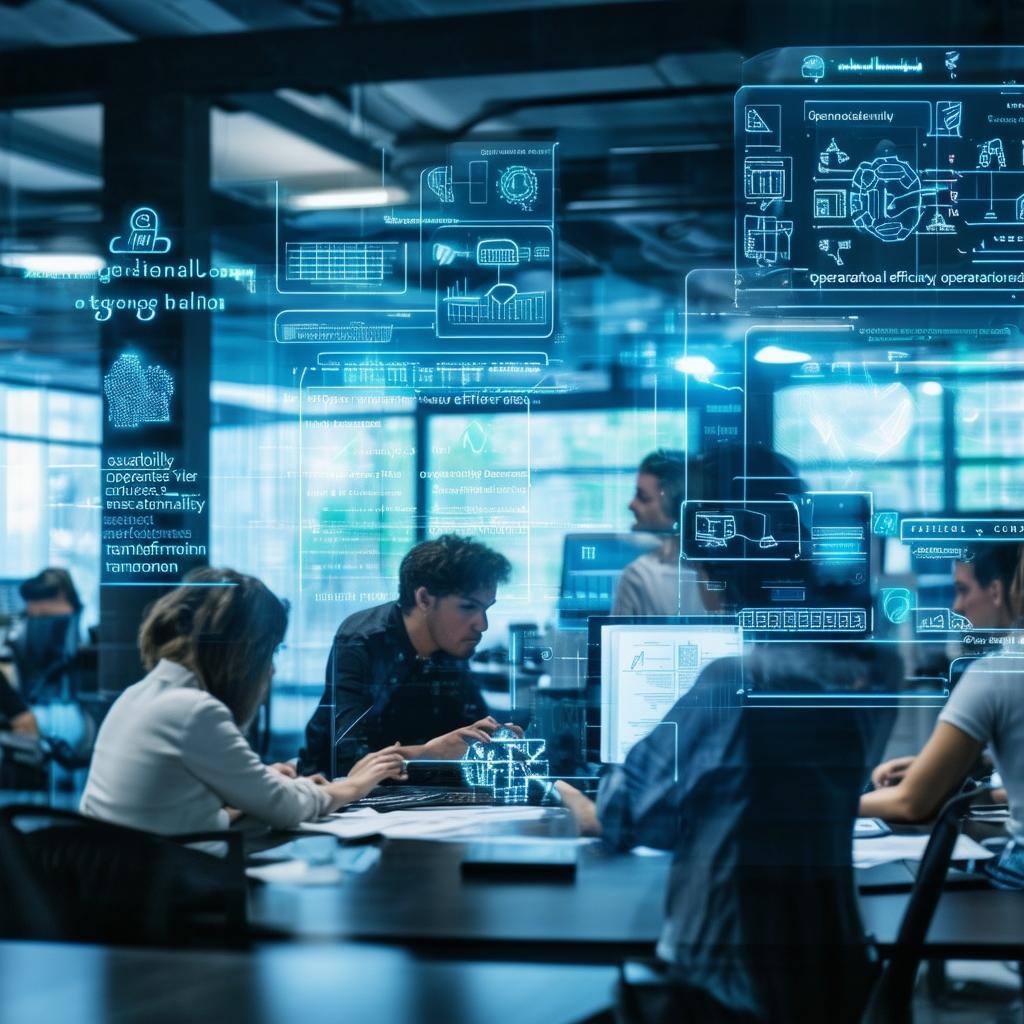 An image of a company office with employees working on computers, surrounded by digital documents and electronic signatures
