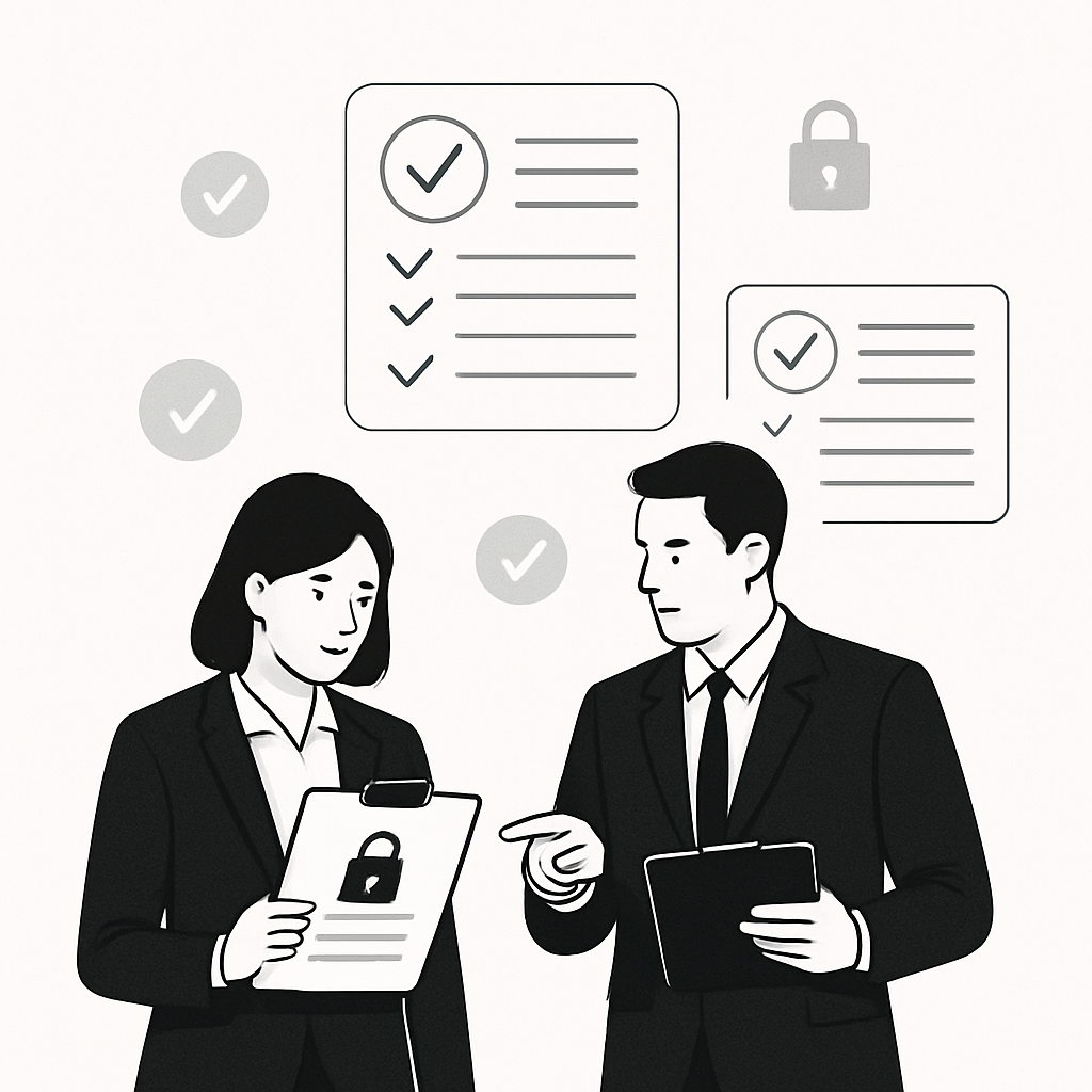 White background 11 ratio Business professionals reviewing compliance dashboards with checkmarks and padlock icons subtly floating A secure document is highlighted Professional corporate minimalist style No cartoons no words