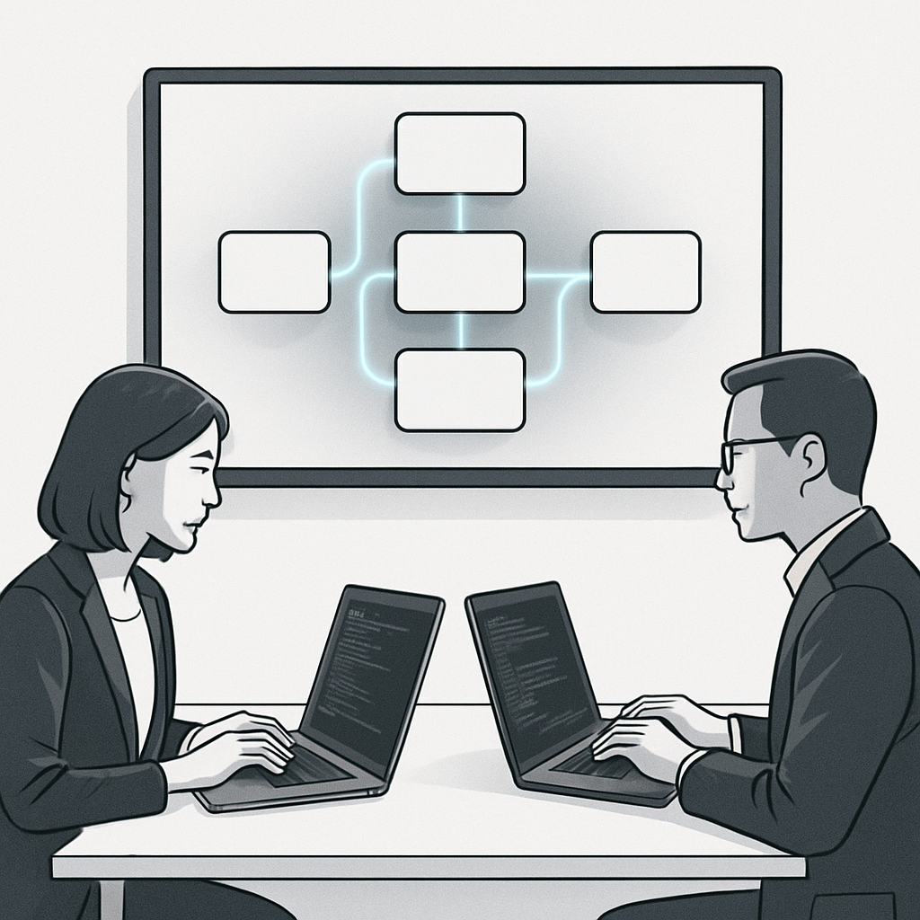 White background 11 ratio Developers integrating APIs on laptops large screen showing modular blocks connecting smoothly Subtle glowing lines represent data flow Professional minimalist corporate style No cartoons no words-1