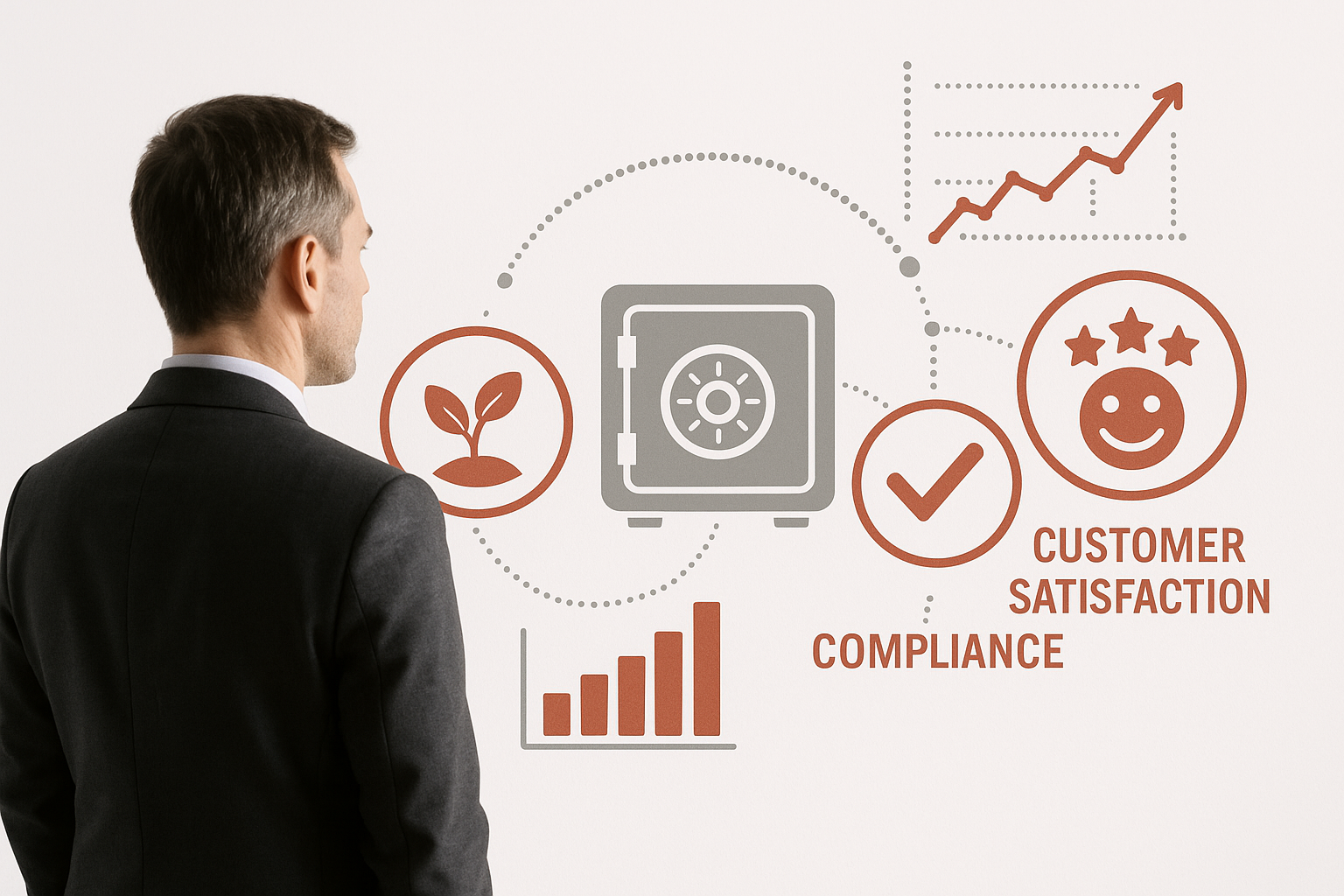 Sfondo bianco 169 Un leader aziendale CxO che si affaccia su un ecosistema digitale grafici olografici che mostrano i guadagni di sostenibilità controlli di conformità e icone di soddisfazione del cliente tutti collegati a un caveau digitale sicuro Stile aziendale moderno e realistico No c