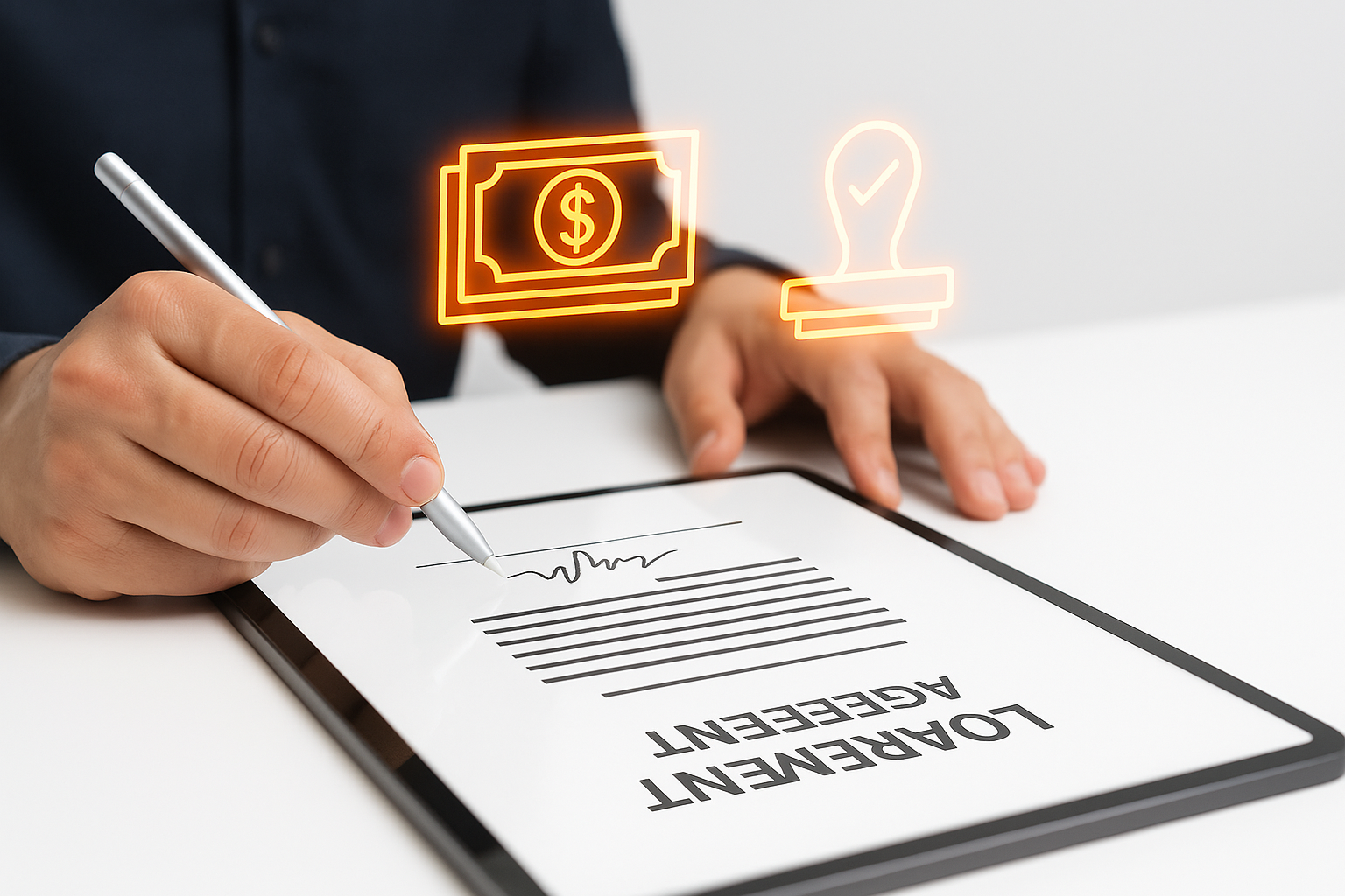 White background 169 A customer signing a digital loan agreement on a tablet with finance icons money approval stamp glowing above the screen