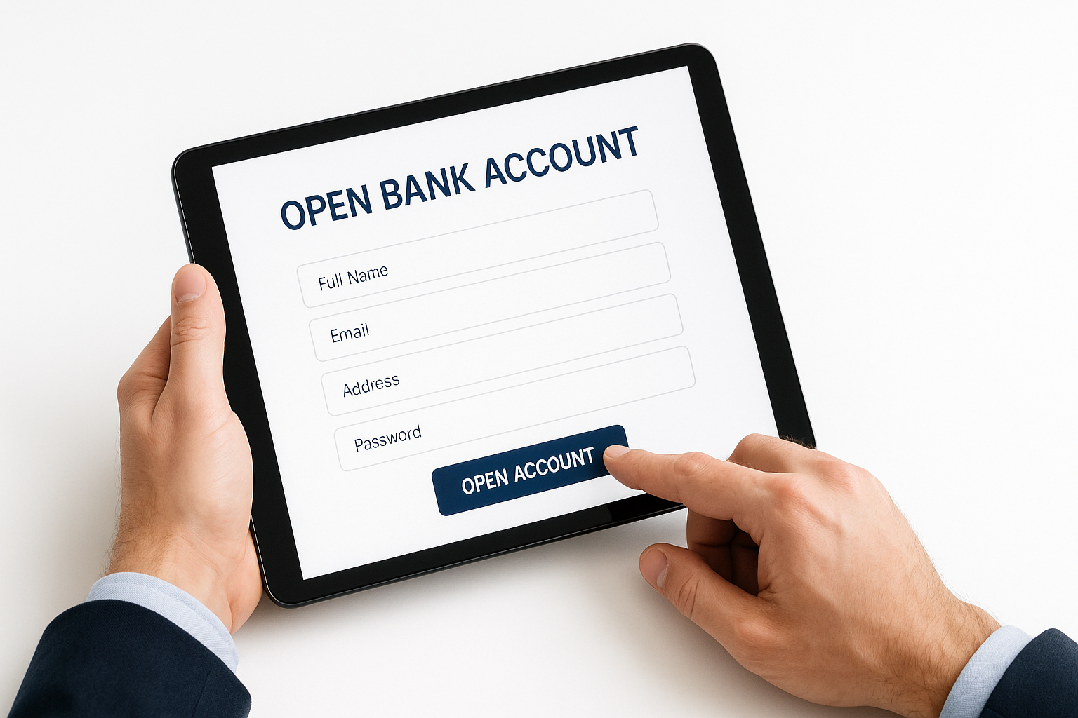 White background 169 Customer opening a bank account on a digital pad no cartoons
