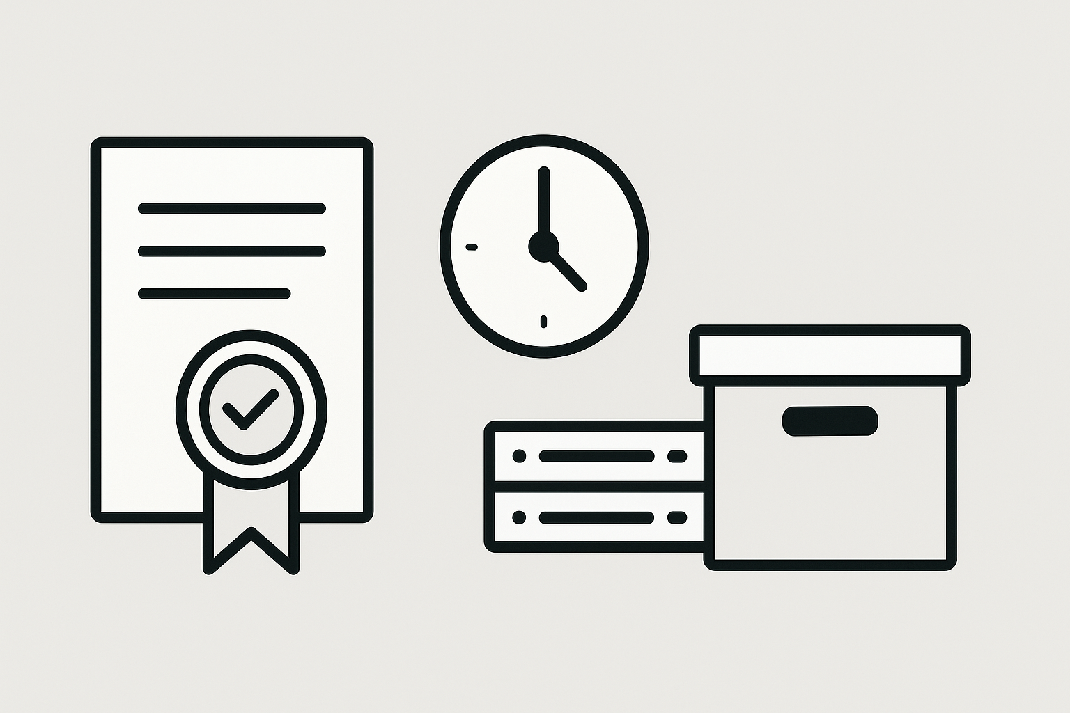 illustration of a sealed document with a timestamp icon and archive boxserver storage symbol Emphasis on security and compliance Minimal clean design no text 1344 x 768