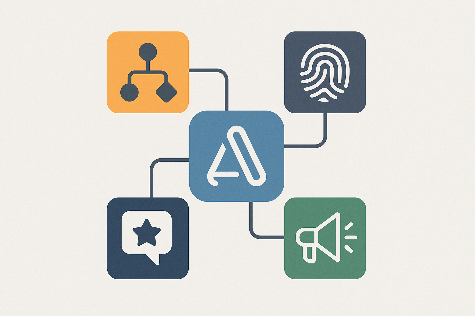 illustration showing modular blocks around a central app icon plugins workflow biometrics feedback marketing minimal enterprise palette no text-1