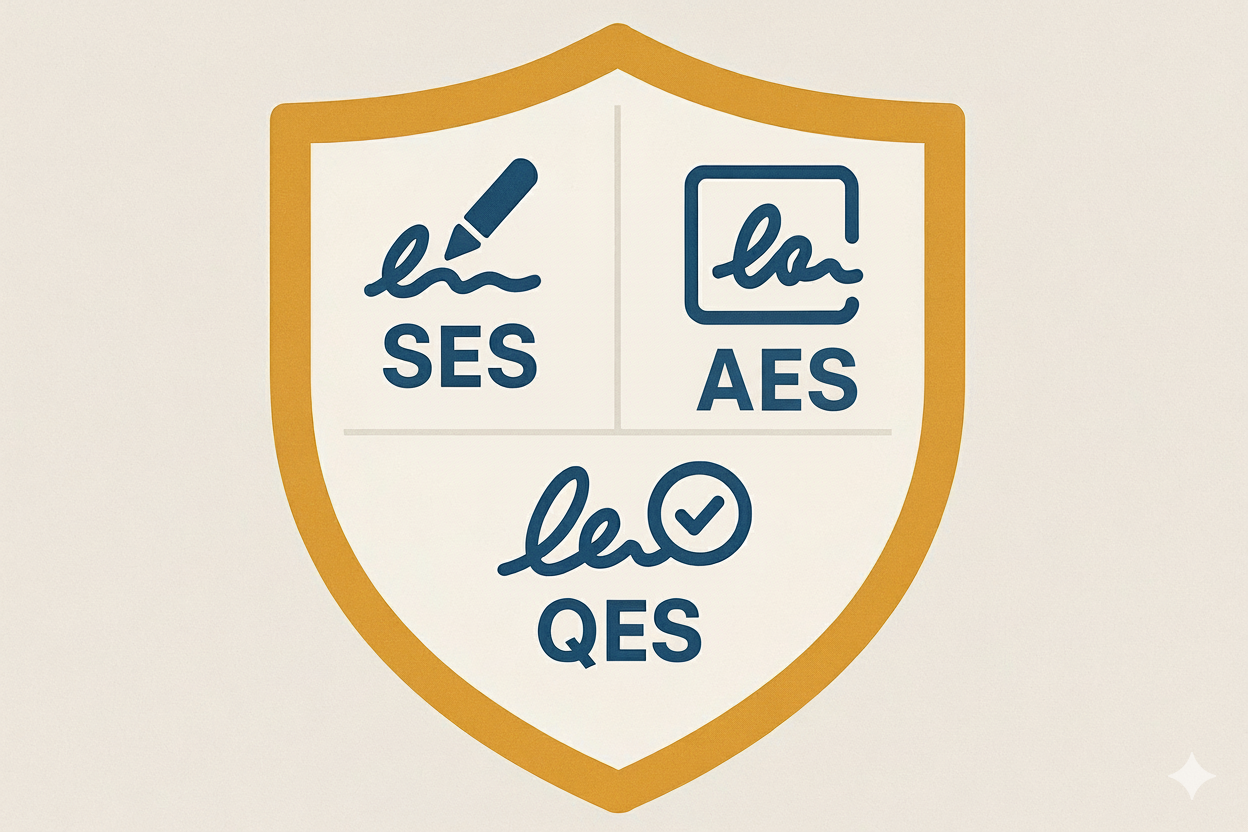 Shield with three signature types SES AES QeS illustrated with abstract digital icons-1